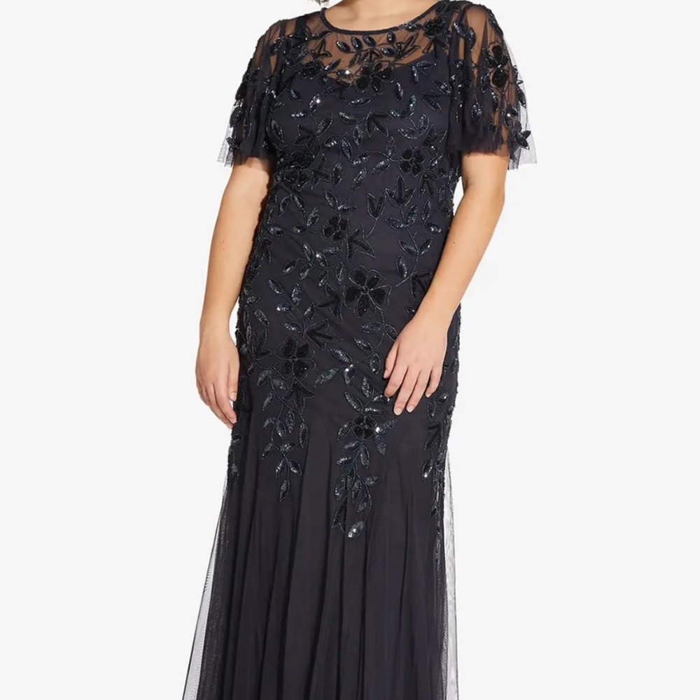 Adrianna Papell FLORAL BEADED GOWN WITH FLUTTER SLEEVES IN NAVY ** NWT**